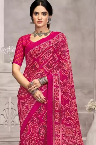 Pink chiffon bandhani geometric printed saree with blouse 