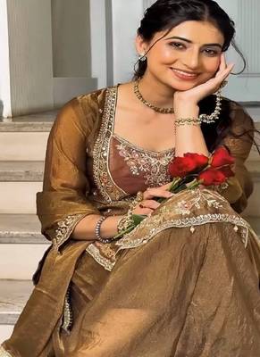 Gold heavy embroidered kurti pant set with lace dupatta for festive wear 4