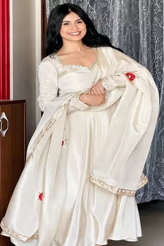 Pure white festive embroidered anarkali dress with contrast motif dupatta