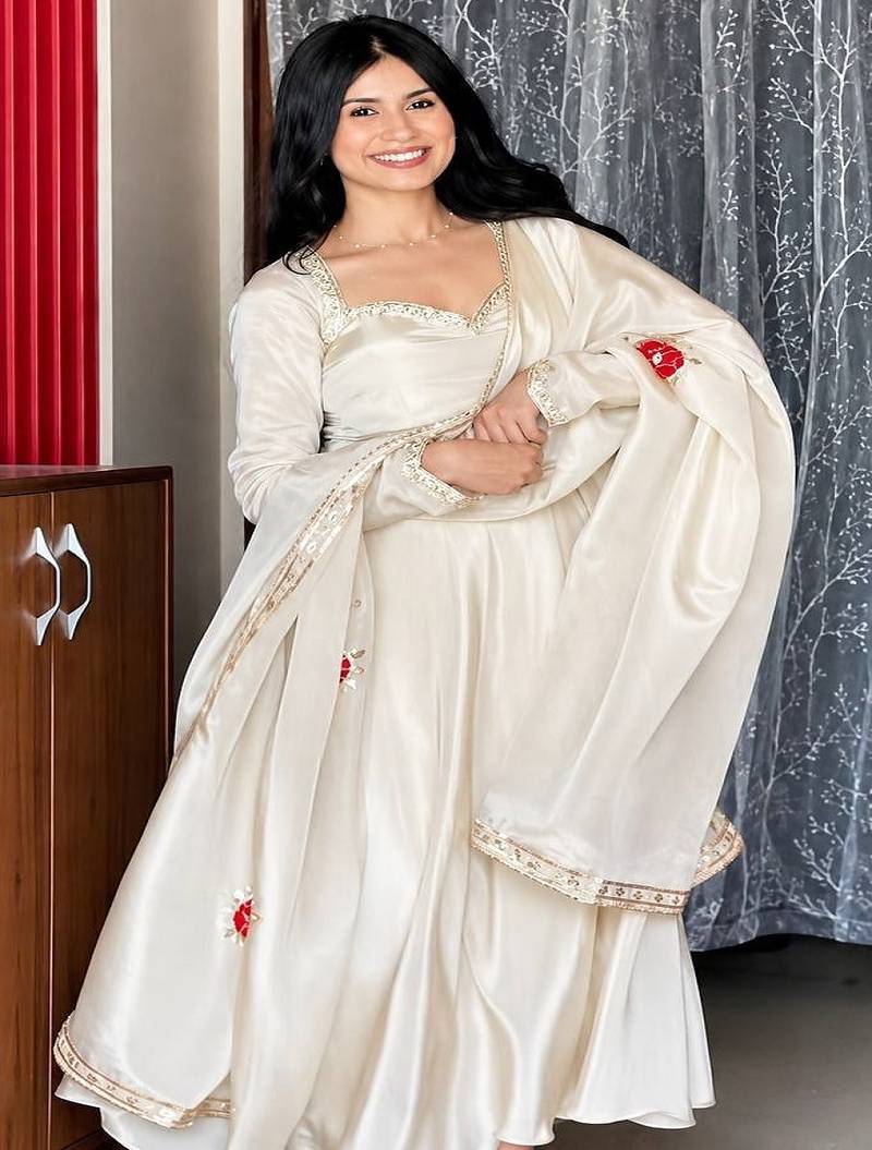 Pure white festive embroidered anarkali dress with contrast motif dupatta