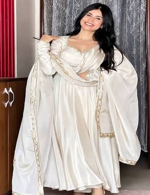 Pure white festive embroidered anarkali dress with contrast motif dupatta 4