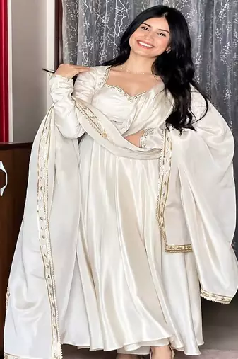 Pure white festive embroidered anarkali dress with contrast motif dupatta