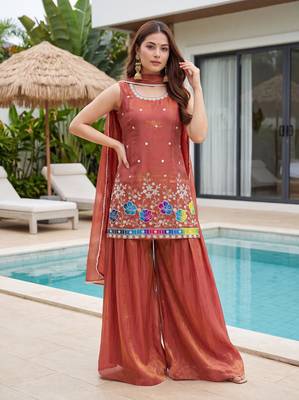 Women's Gorgeous Embroidery Work Fandy Silk Satin Fabric Straight Kurta Sharara and Dupatta Set 1