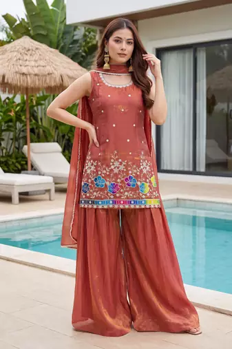 Women's Gorgeous Embroidery Work Fandy Silk Satin Fabric Straight Kurta Sharara and Dupatta Set