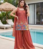 Women's Gorgeous Embroidery Work Fandy Silk Satin Fabric Straight Kurta Sharara and Dupatta Set