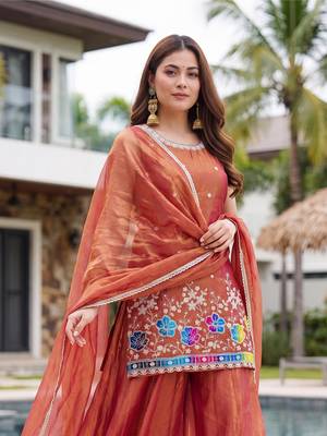 Women's Gorgeous Embroidery Work Fandy Silk Satin Fabric Straight Kurta Sharara and Dupatta Set 2