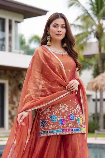 Women's Gorgeous Embroidery Work Fandy Silk Satin Fabric Straight Kurta Sharara and Dupatta Set