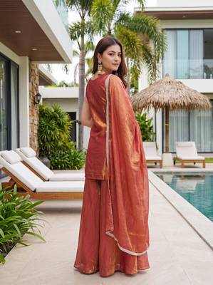 Women's Gorgeous Embroidery Work Fandy Silk Satin Fabric Straight Kurta Sharara and Dupatta Set 3