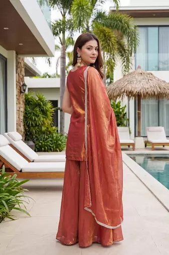 Women's Gorgeous Embroidery Work Fandy Silk Satin Fabric Straight Kurta Sharara and Dupatta Set