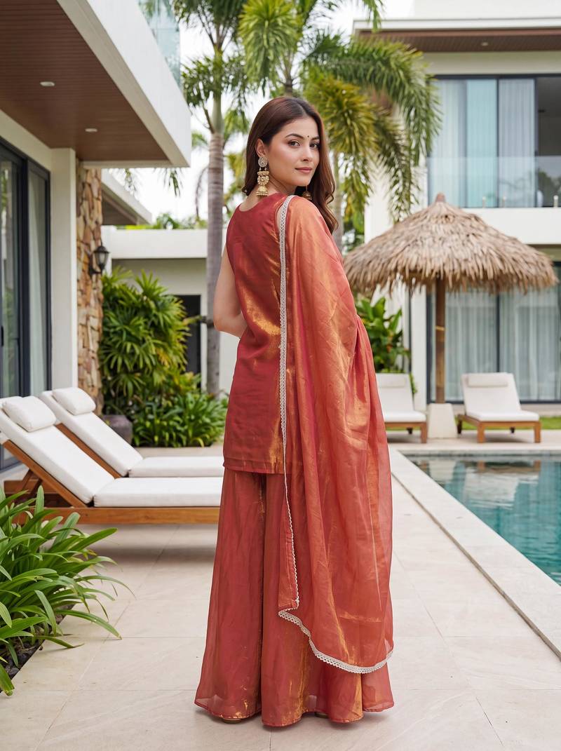 Women's Gorgeous Embroidery Work Fandy Silk Satin Fabric Straight Kurta Sharara and Dupatta Set