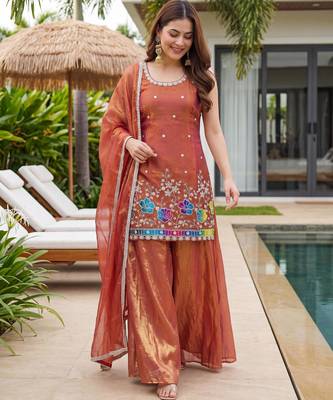 Women's Gorgeous Embroidery Work Fandy Silk Satin Fabric Straight Kurta Sharara and Dupatta Set 4