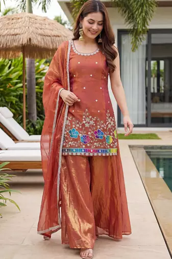 Women's Gorgeous Embroidery Work Fandy Silk Satin Fabric Straight Kurta Sharara and Dupatta Set