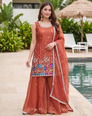 Women's Gorgeous Embroidery Work Fandy Silk Satin Fabric Straight Kurta Sharara and Dupatta Set 5
