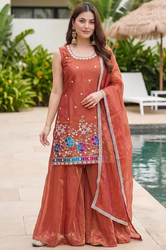 Women's Gorgeous Embroidery Work Fandy Silk Satin Fabric Straight Kurta Sharara and Dupatta Set
