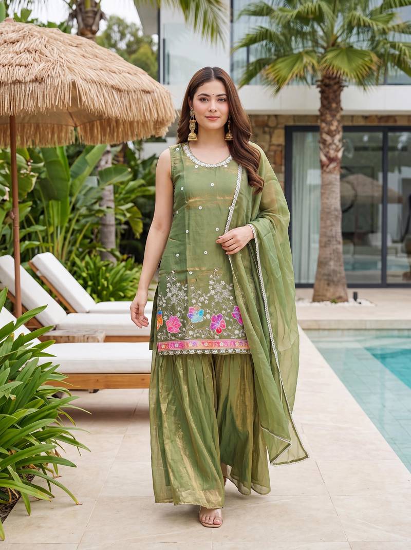 Women's Gorgeous Embroidery Work Fandy Silk Satin Fabric Straight Kurta Sharara and Dupatta Set