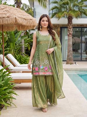 Women's Gorgeous Embroidery Work Fandy Silk Satin Fabric Straight Kurta Sharara and Dupatta Set 1