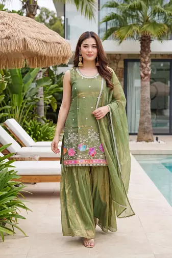 Women's Gorgeous Embroidery Work Fandy Silk Satin Fabric Straight Kurta Sharara and Dupatta Set
