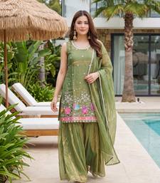Women's Gorgeous Embroidery Work Fandy Silk Satin Fabric Straight Kurta Sharara and Dupatta Set
