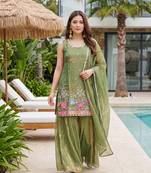Women's Gorgeous Embroidery Work Fandy Silk Satin Fabric Straight Kurta Sharara and Dupatta Set