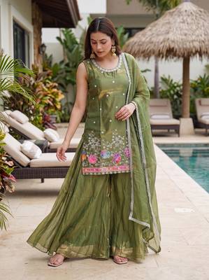 Women's Gorgeous Embroidery Work Fandy Silk Satin Fabric Straight Kurta Sharara and Dupatta Set 2