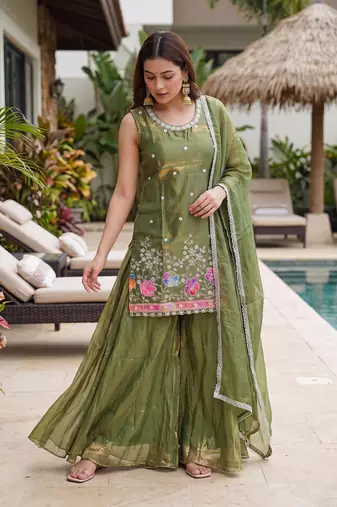 Women's Gorgeous Embroidery Work Fandy Silk Satin Fabric Straight Kurta Sharara and Dupatta Set