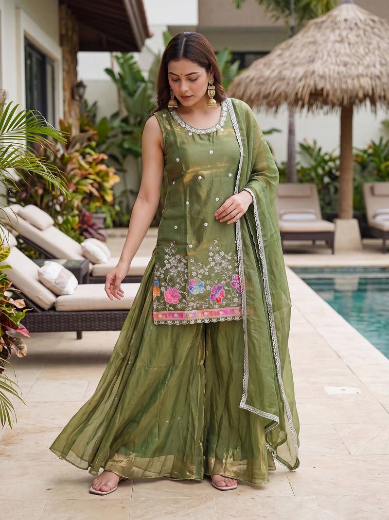 Women's Gorgeous Embroidery Work Fandy Silk Satin Fabric Straight Kurta Sharara and Dupatta Set