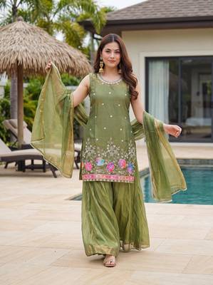 Women's Gorgeous Embroidery Work Fandy Silk Satin Fabric Straight Kurta Sharara and Dupatta Set 3