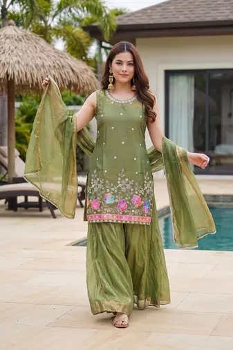 Women's Gorgeous Embroidery Work Fandy Silk Satin Fabric Straight Kurta Sharara and Dupatta Set