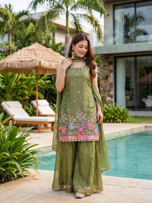 Women's Gorgeous Embroidery Work Fandy Silk Satin Fabric Straight Kurta Sharara and Dupatta Set 4