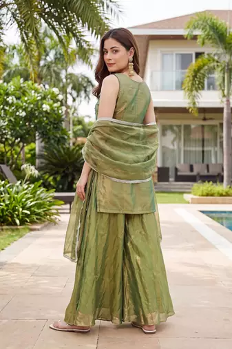 Women's Gorgeous Embroidery Work Fandy Silk Satin Fabric Straight Kurta Sharara and Dupatta Set