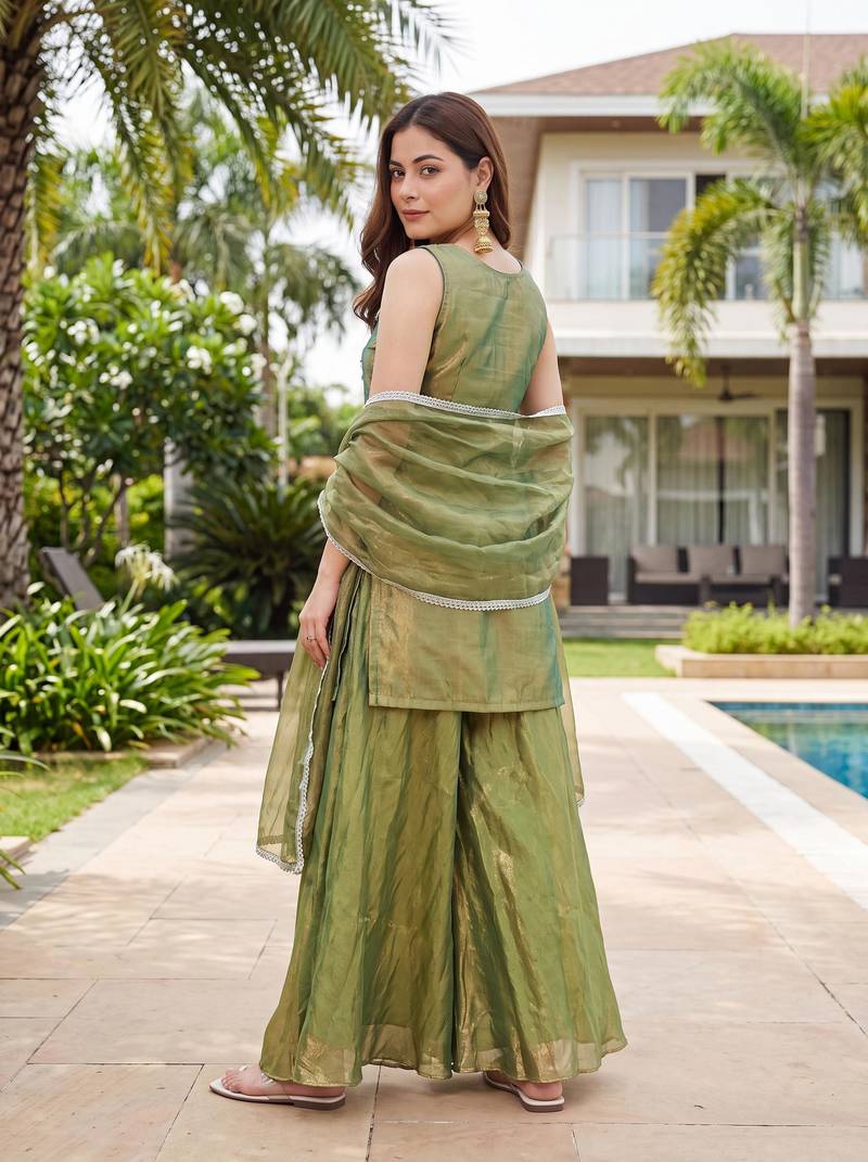Women's Gorgeous Embroidery Work Fandy Silk Satin Fabric Straight Kurta Sharara and Dupatta Set