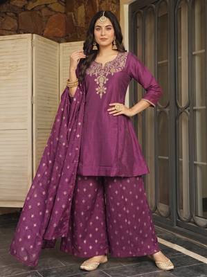 Women's Beautiful Embroidery Work Silk Fabric Straight Kurta Sharara and Dupatta Set 1