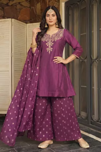 Women's Beautiful Embroidery Work Silk Fabric Straight Kurta Sharara and Dupatta Set