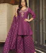 Women's Beautiful Embroidery Work Silk Fabric Straight Kurta Sharara and Dupatta Set