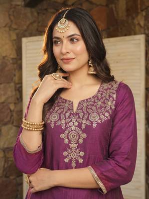 Women's Beautiful Embroidery Work Silk Fabric Straight Kurta Sharara and Dupatta Set 2