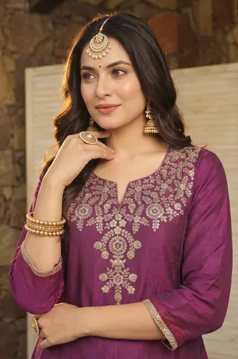 Women's Beautiful Embroidery Work Silk Fabric Straight Kurta Sharara and Dupatta Set