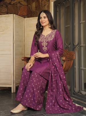 Women's Beautiful Embroidery Work Silk Fabric Straight Kurta Sharara and Dupatta Set 3