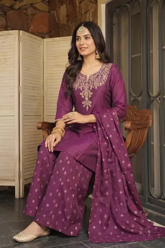 Women's Beautiful Embroidery Work Silk Fabric Straight Kurta Sharara and Dupatta Set