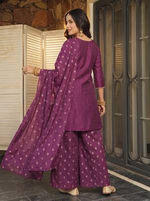 Women's Beautiful Embroidery Work Silk Fabric Straight Kurta Sharara and Dupatta Set 4