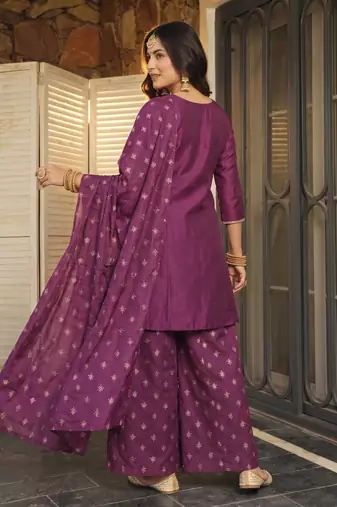 Women's Beautiful Embroidery Work Silk Fabric Straight Kurta Sharara and Dupatta Set