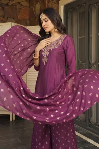 Women's Beautiful Embroidery Work Silk Fabric Straight Kurta Sharara and Dupatta Set