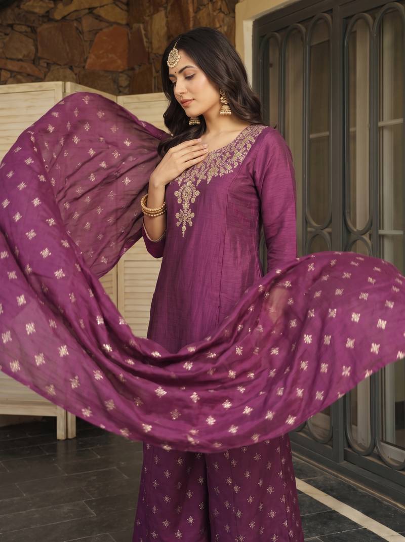 Women's Beautiful Embroidery Work Silk Fabric Straight Kurta Sharara and Dupatta Set