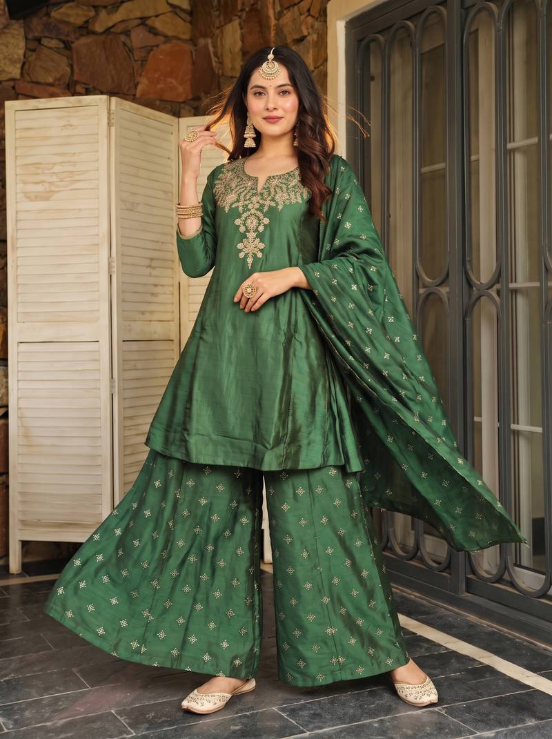 Women's Beautiful Embroidery Work Silk Fabric Straight Kurta Sharara and Dupatta Set