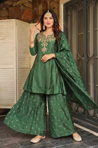 Women's Beautiful Embroidery Work Silk Fabric Straight Kurta Sharara and Dupatta Set