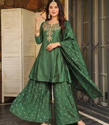Women's Beautiful Embroidery Work Silk Fabric Straight Kurta Sharara and Dupatta Set