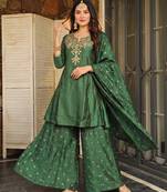 Women's Beautiful Embroidery Work Silk Fabric Straight Kurta Sharara and Dupatta Set