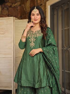 Women's Beautiful Embroidery Work Silk Fabric Straight Kurta Sharara and Dupatta Set 2