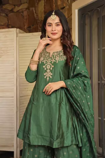 Women's Beautiful Embroidery Work Silk Fabric Straight Kurta Sharara and Dupatta Set