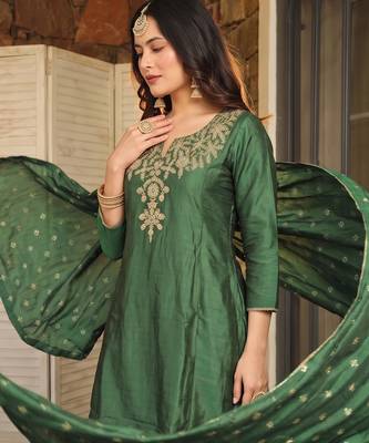 Women's Beautiful Embroidery Work Silk Fabric Straight Kurta Sharara and Dupatta Set 3