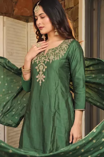 Women's Beautiful Embroidery Work Silk Fabric Straight Kurta Sharara and Dupatta Set